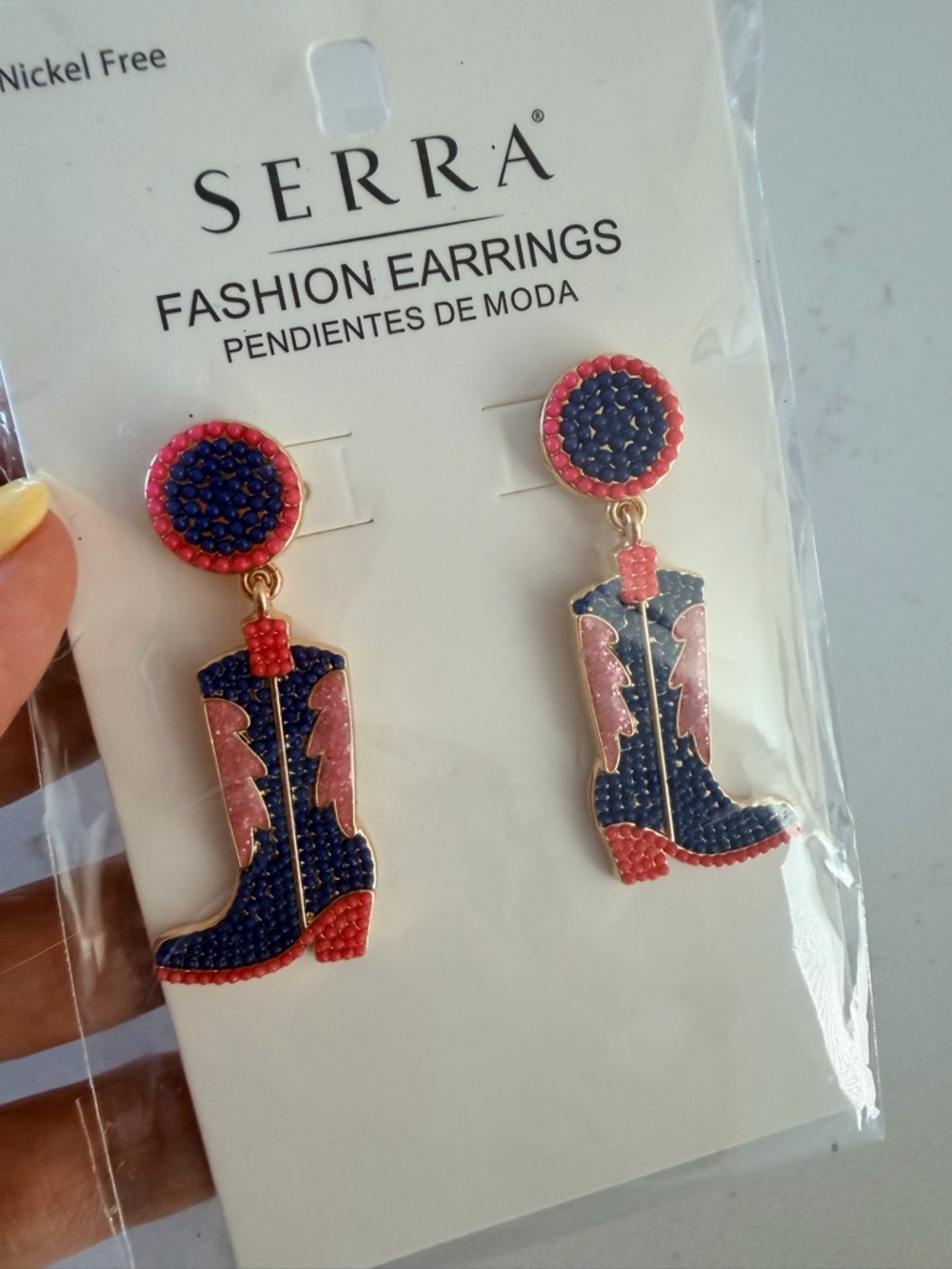 Stylish Pink & Navy Cowboy Boot Drop Earrings - Women Jewelry - Picture 2 of 3